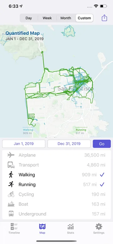 Custom period map from January 1 to December 31, 2019 in San Francisco, showing walking and running