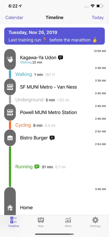 Timeline for Tuesday, November 26, 2019: places and journeys with walking, underground, cycling and running segments and their times
