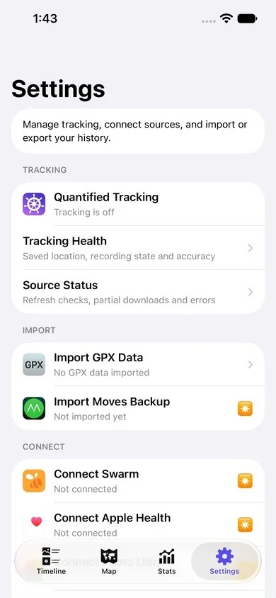 Settings: Quantified Tracking, Tracking Health, Source Status, GPX and Moves import, and Swarm and Apple Health connections
